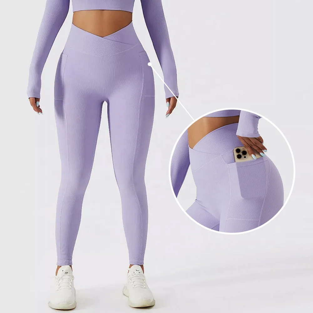 

SHINBENE Wholesale Ribbed V Cut Yoga Leggings High Waist Cross Over Sport Gym Leggings with Pocket