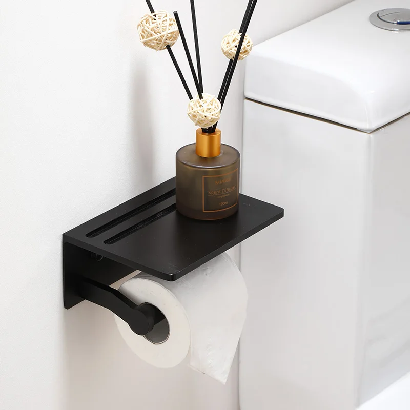 Wall Mount Self Adhesive Toilet Paper Holder With Phone Shelf Toilet