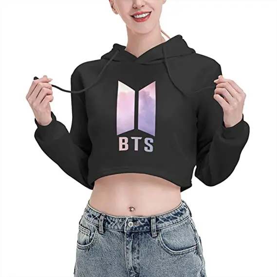 

Bts Kpop Women Street Style 100 Percent Cotton Black Print Crop Top Hoodie, Picture color