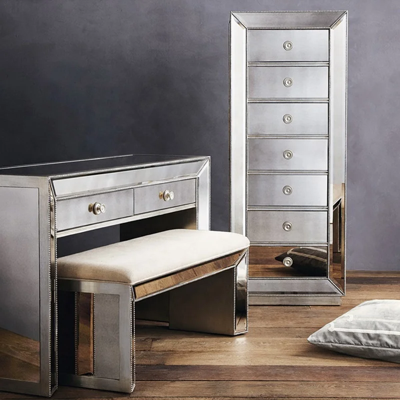 
hand made bead design bevel-edged mirrored high end bed end stool 