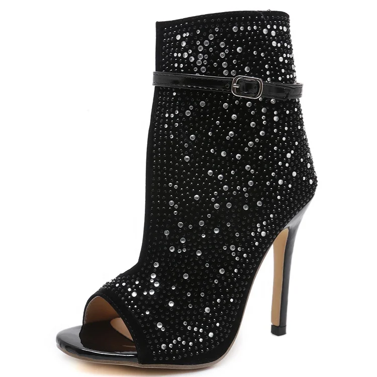 

Women's High Top Dress Sandals Shoes Tiny Bright Rhinestone Stiletto Shoes Summer High Thin Heels Open toe Pumps, Black