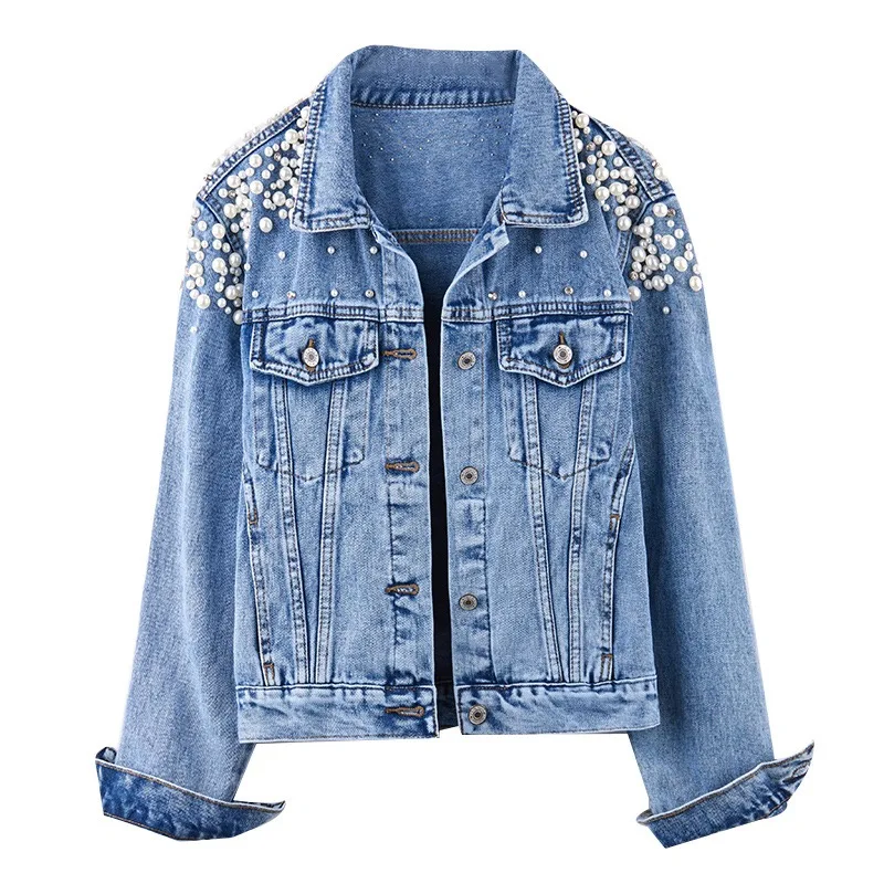 Ladies pearl jacket denim jacket with Grinding, distressed Light blue Single Breasted denim jacket for women