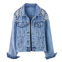 

Ladies pearl jacket denim jacket with Grinding, distressed Light blue Single Breasted denim jacket for women