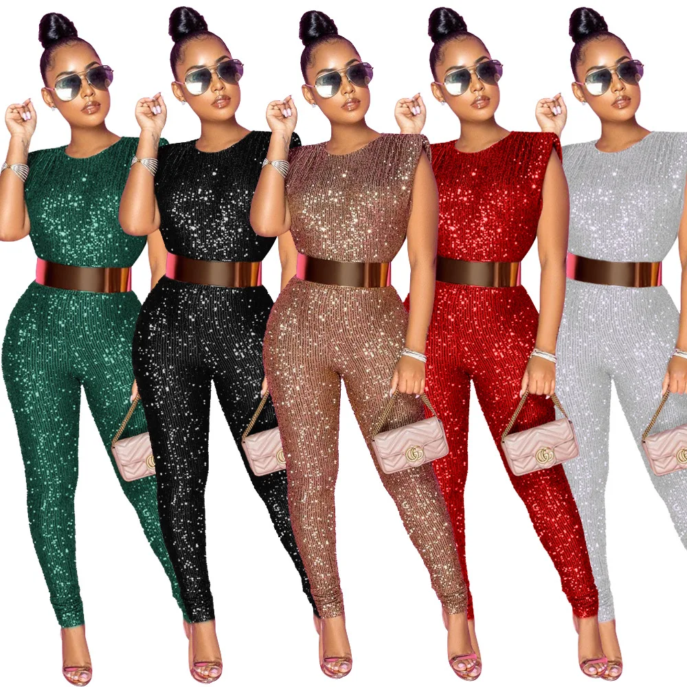 

Wholesale Fashion New Solid Color Bling Sexy Sleeveless Bodycon Sparkle Sequin Jumpsuit Women