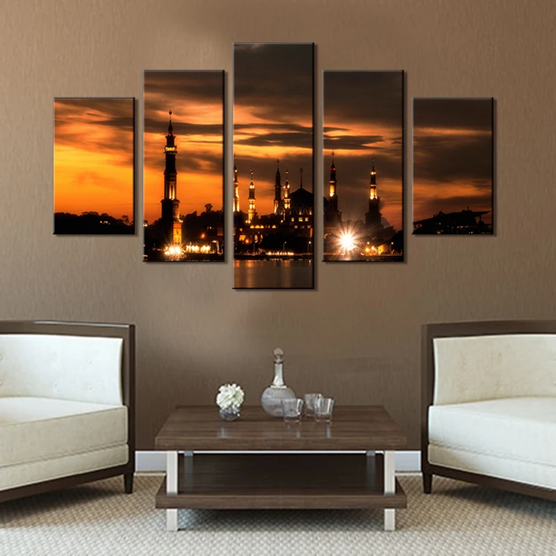 

European Home Decor Stretched Art Abstract 5 Panel Modern Custom Print Wholesale Rustic Islamic Oil Painting Canvas