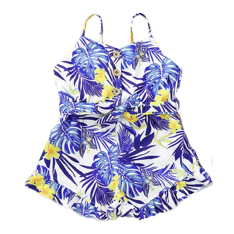 

High quality factory price sleeveless off shoulder flower printed jumpsuit teen kids children tween girl clothing