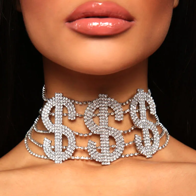 

SHXS2111 Big Money Dollar Rhinestone Necklace Statement Choker for Women Fashion Crystal Collar Necklace Chain Party Jewelry