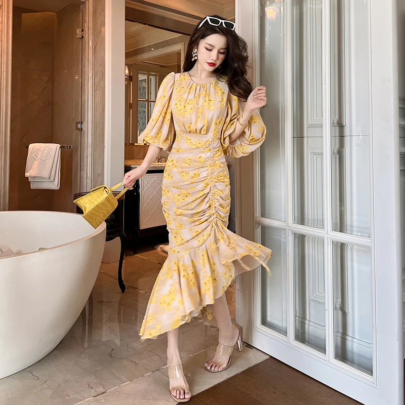 

5925 Yellow Floral Allover Puff Sleeve High Waist Ruched Chiffon Dress Women Fashion Holiday Party Asymmetrical Fishtail Dresses