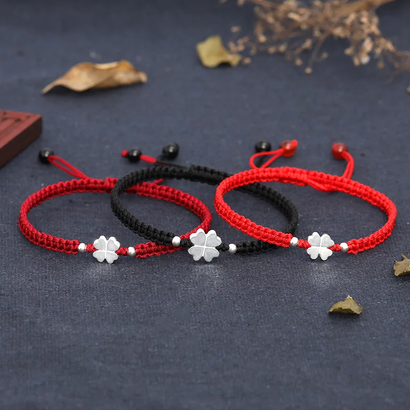 

Fashion Bohemian  Handmade 925 Silver Four Leaf Clover Red Lucky Woven String Bracelet for Couples Jewelry Gift, Black,red,burgundy