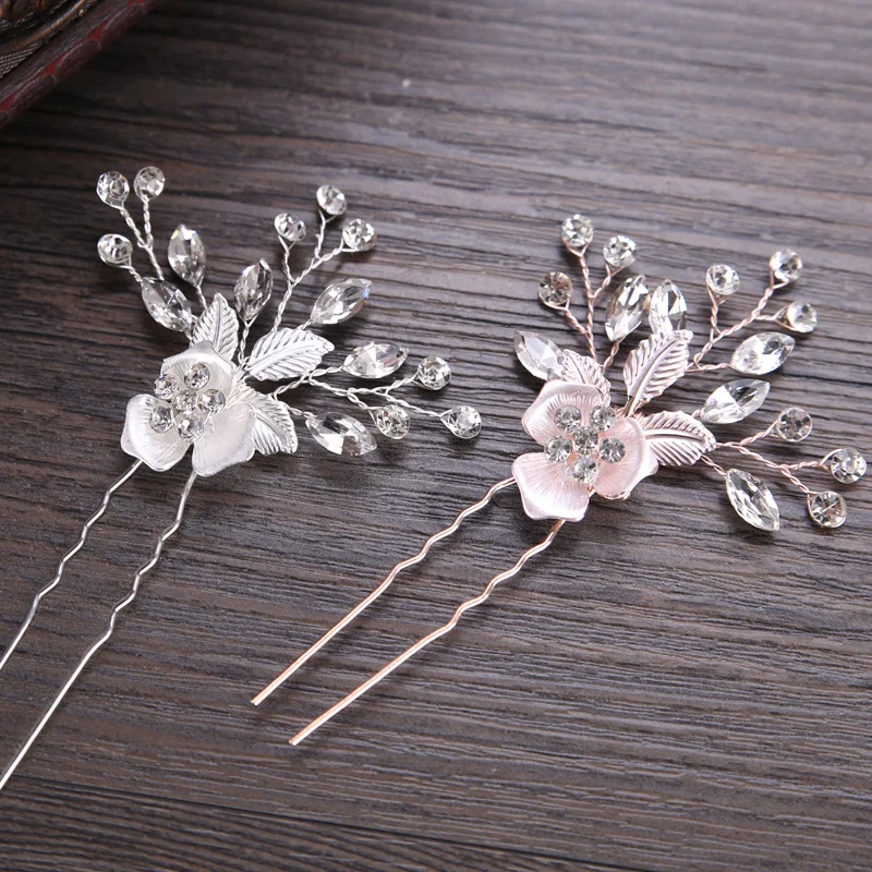 

SLBRIDAL Handmade Crystals Flower Leaf Wedding Hair Pin Hair Sticker Bridal Hair Accessories Headpieces Bridesmaid Jewelry Women