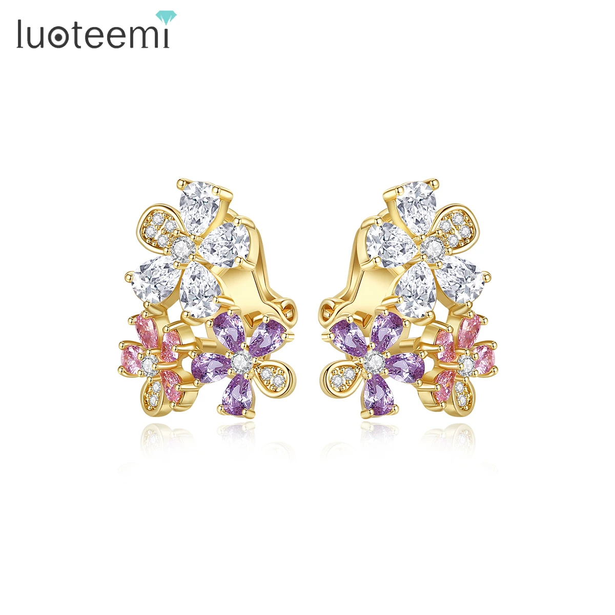 

LUOTEEMI Woman Statement Art Designer Elegant Gold Plated Earing Lady Clip Zirconia Flower No Hole Earrings