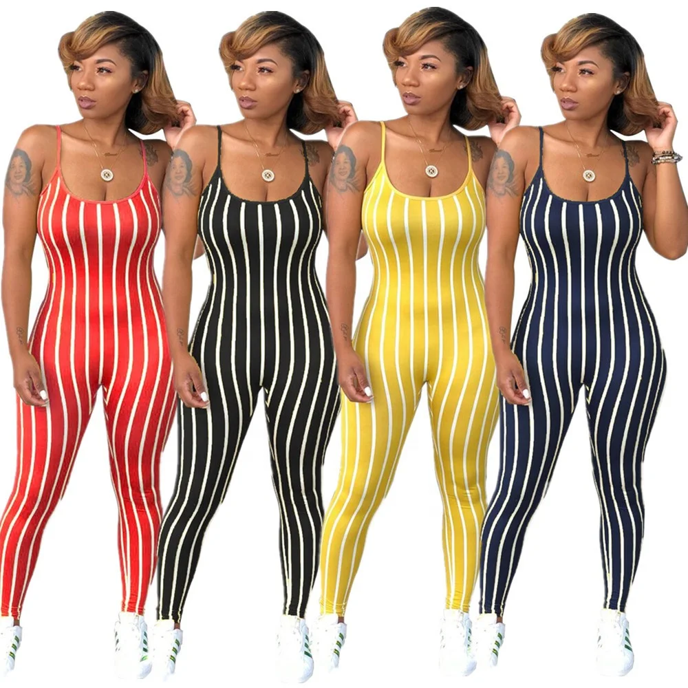 

2020 new style fashion womens sexy european striped suspender jumpsuit wholesale lady low collar casual one piece clothing