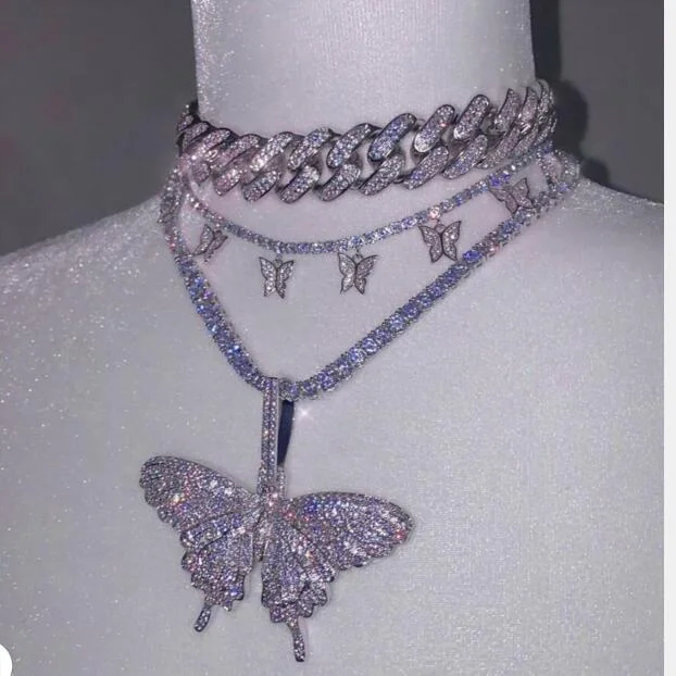 Hot sale  Luxury women iced out jewelry diamond tennis chain butterfly necklace