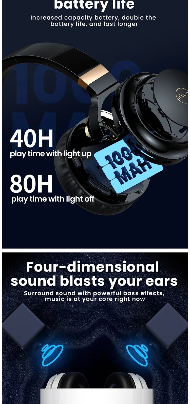 Picun B26 Foldable Headband Built In Microphone Bluetooth Headset LED Light Glowing Headphone - ANKUX.COM