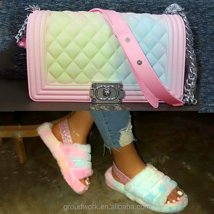 

Wholesale Latest Fashion Ladies Shoes Women Casual Sandals wool Slides for kids Women handbag and Sandals sets, Colorful