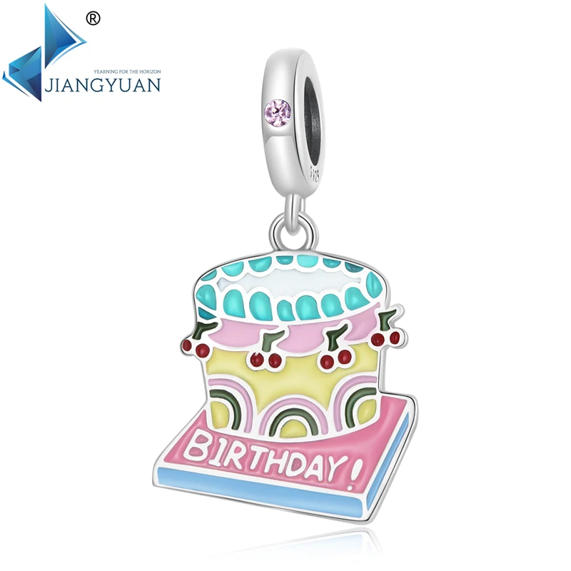 

Jiangyuan 925 sterling silver colorful cherry cream cake pendant birthday cake charms enamel process jewelry