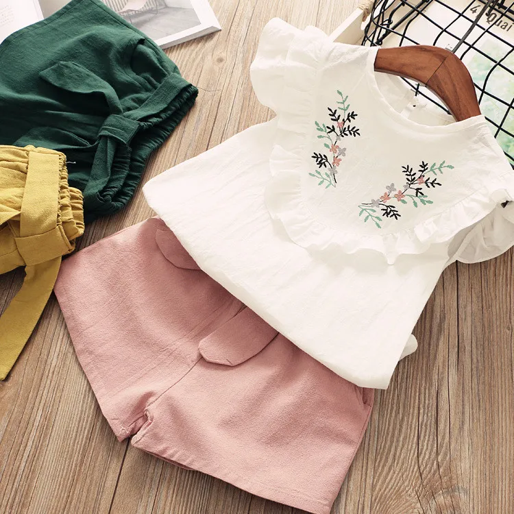

On Stock Boutique 2pcs Clothing Sets Flower Embroidered Baby Doll Kids Short Sets Girls Flower Shirt Shorts Set, Yellow,pink,green