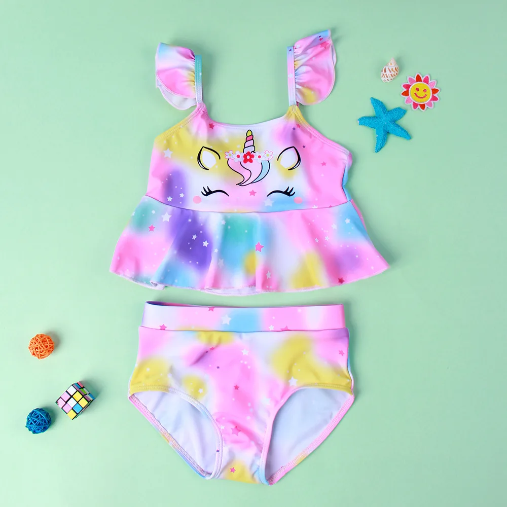 

Baby Girls Swimsuit Rainbow Unicorn Printed Children Kids Swimsuit Bikini Set, Picture