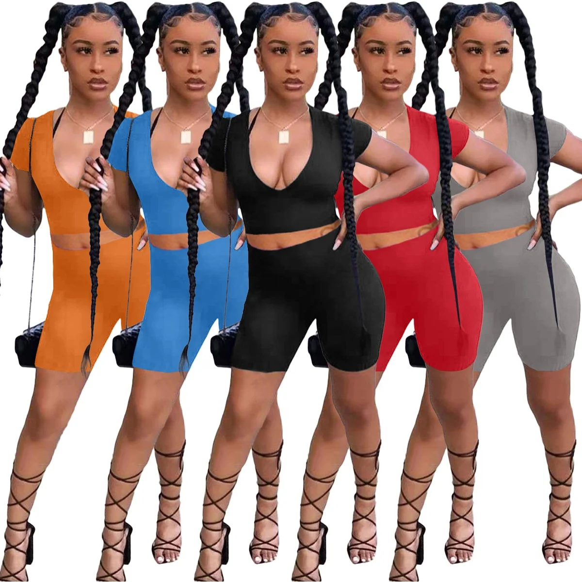 

2021 Fashion Sexy Short Sets for Women O-Neck Crop Top Solid Color Plus Size 2 Piece Set Clothing High Waist Pants, 5 colors
