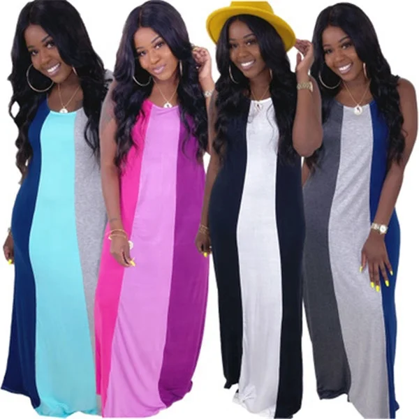 

Summer Trendy Fashion Casual Loose Ladies Long Colorblocking Dress .