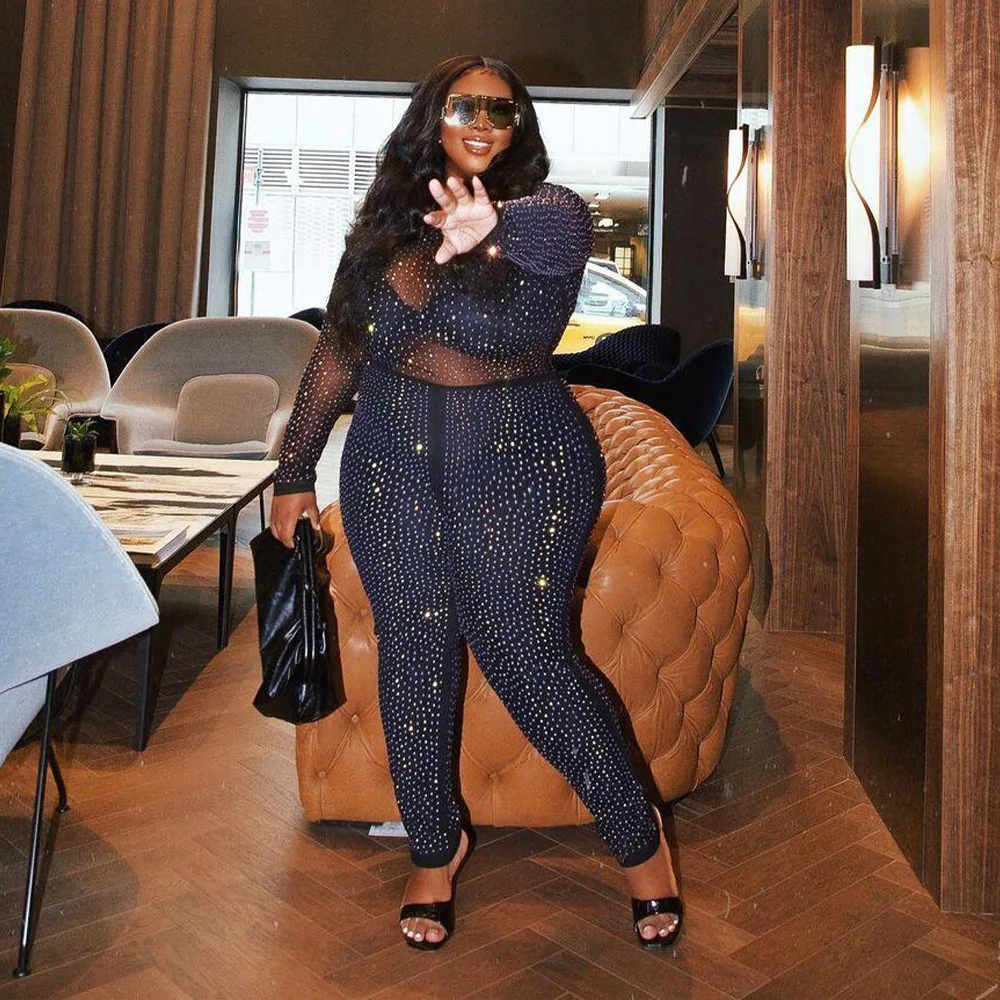 

fall womens jumpsuits European and American bright diamond long sleeved hot diamond plus size jumpsuit, Picture