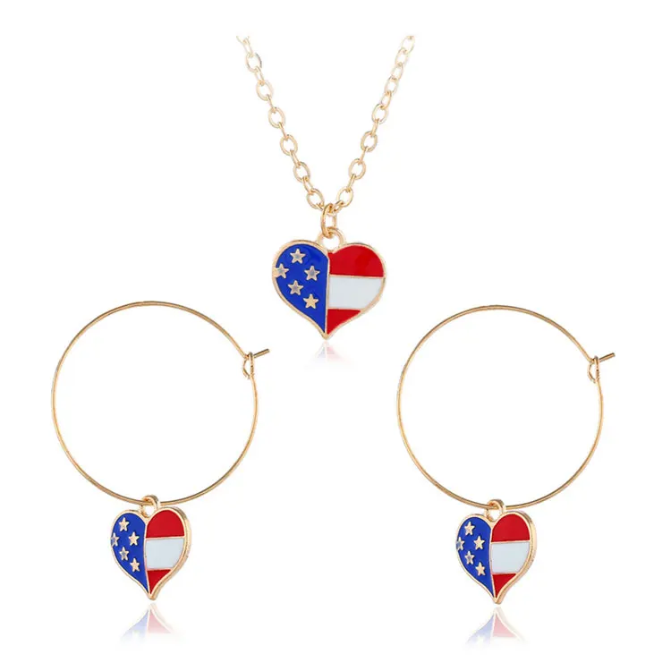 

Patriotic 4th of July 2021 Earrings Necklace Set Jewelry Women Heart Charms American Flag Independence Day Necklace Jewelry Sets