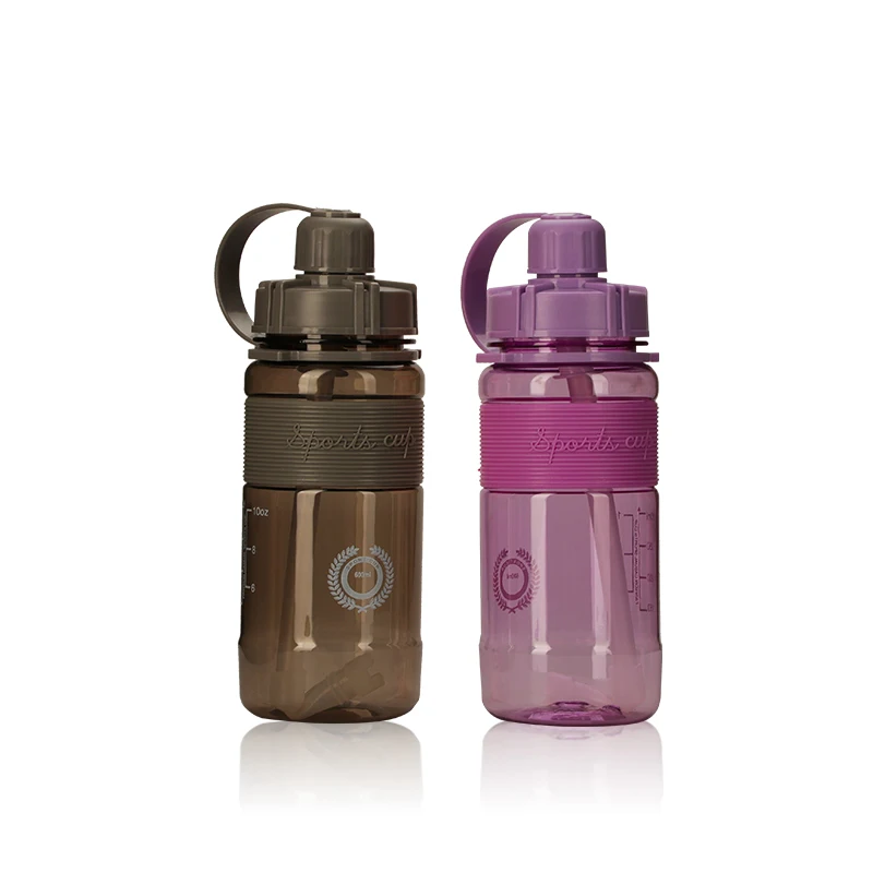 

High Quality Plastic Straw Drink Water Bottles with Strap, Green red gray blue