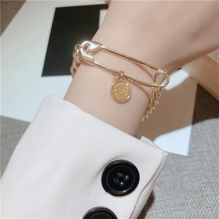 

Aimgal Jewelry wholesale Gold plated coins Korean style thick chain creative pin bracelet female