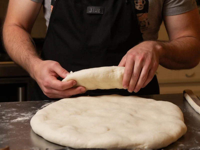 Artisan pizza chef stretching dough for oak-fired pizza