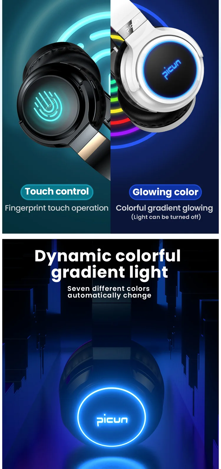 Picun B26 Foldable Headband Built In Microphone Bluetooth Headset LED Light Glowing Headphone - ANKUX.COM