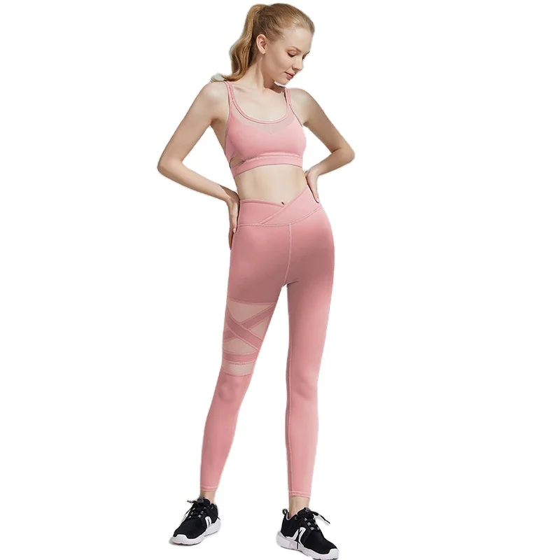 

High-quality mesh design yoga two-piece suit soft fabric women's yoga sports suit gym wear for women, 4 colors