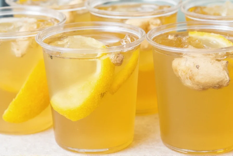 Close-up of Trader Joe's ginger shots showing the 2-ounce cups arranged neatly with fresh ginger root and lemon slices