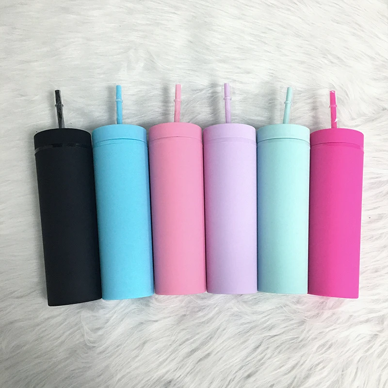 

16oz Acrylic Skinny Tumbler Mate Plastic Mugs Double Wall Milk Cup Eco-friendly Colorful Slim Tumbler With Straw, 6 colors can choose