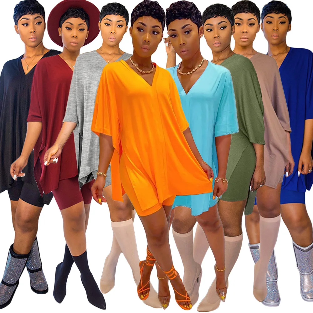 

Solid Color Women Clothing Nightclub Sexy V-Neck Bat Sleeve Short Pants Lady Two-Piece Suit, Customized color
