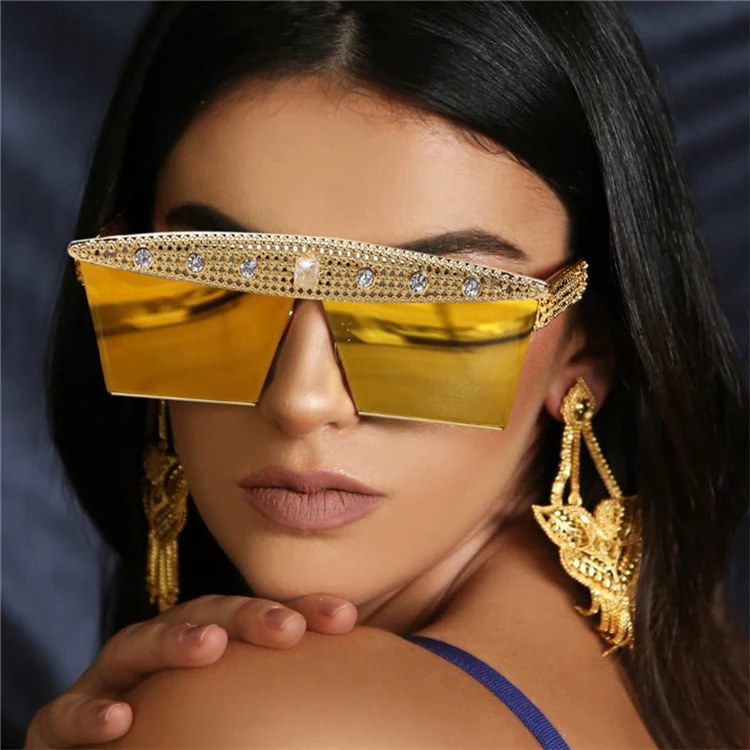 

Vintage Oversized Square Mirror Shades 2021 Glitter Sun Glasses Ladies Luxury Designer Rhinestone Frame Sunglasses Women, Custom colors