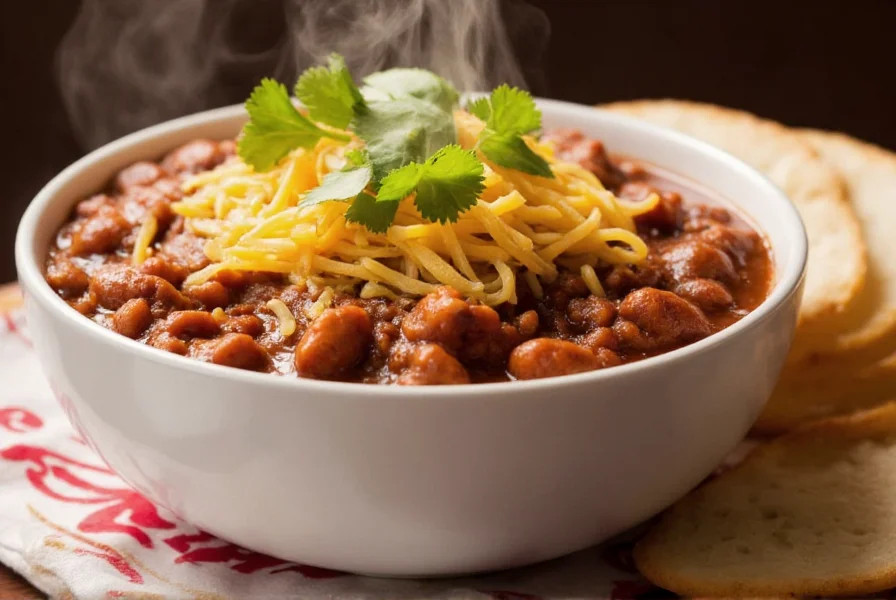 Authentic Lindy's chili recipe served in a white ceramic bowl with steam rising, garnished with shredded cheddar cheese and fresh cilantro