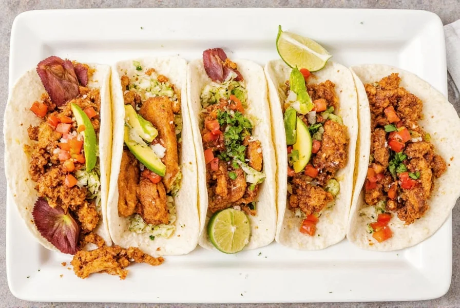 Finished fish tacos with vibrant toppings