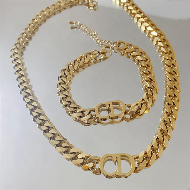 

Wholesale European Cuban Chain CD Letter Stainless Steel Clavicle Necklace Hiphop 18k Gold Plated Jewelry Necklace