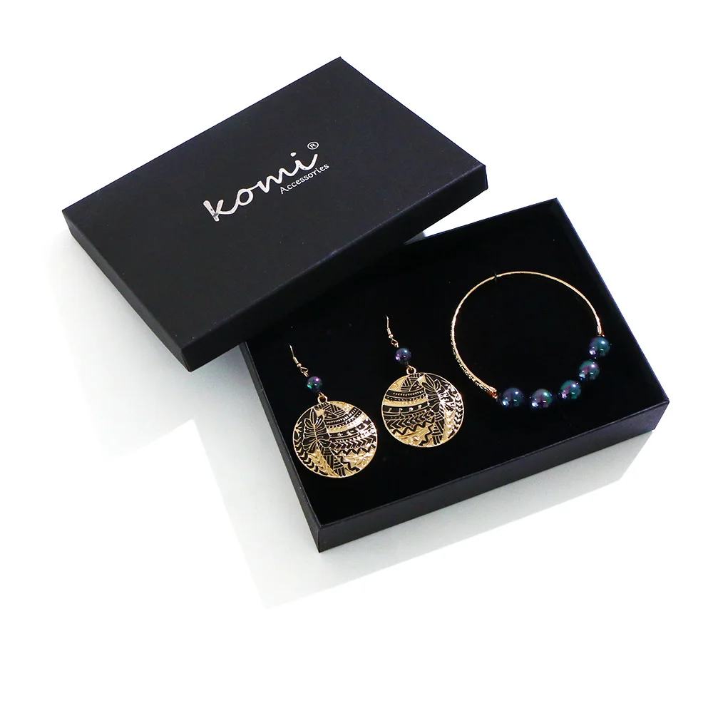 

Komi Hawaiian Jewelry Wholesale Gold Plated Polynesian Samoan Tribal Pearl Earrings Bangle Set Jewelry Set with Box, Shown