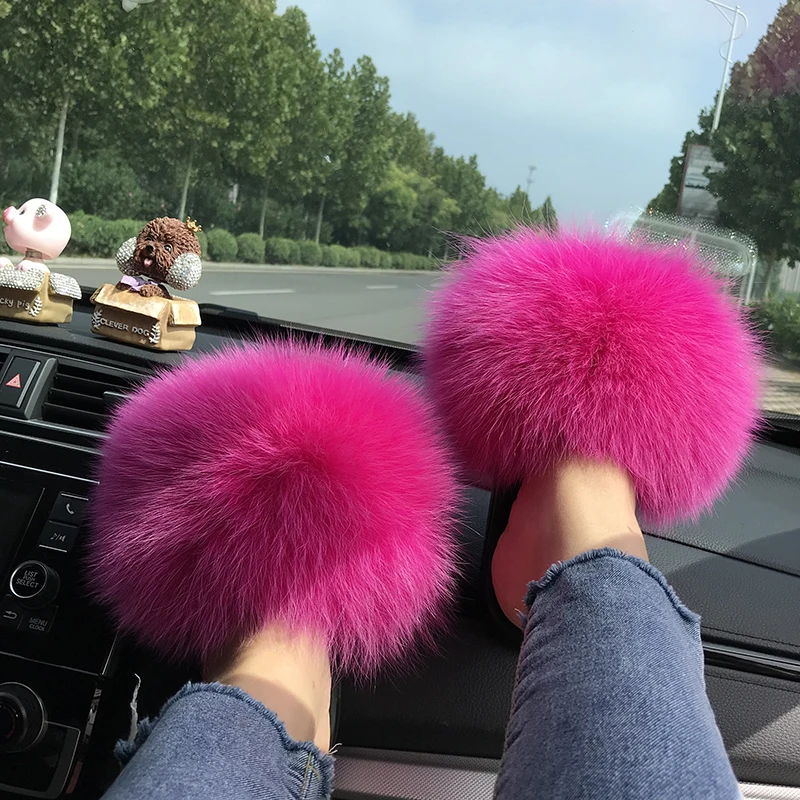 

Fashion Popular Women Ladies Fluffy Fur Slippers Fox Fur Slides designer real fur slippers, Customized color