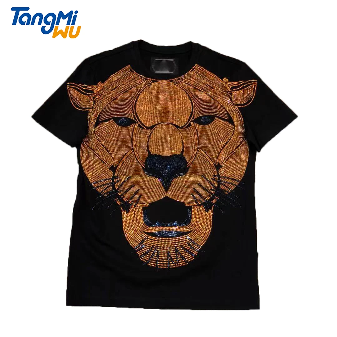 

2021 spring new style fashion men's t-shirts comfort high quality Hot drilling lion head casual anime rhinestone t shirt