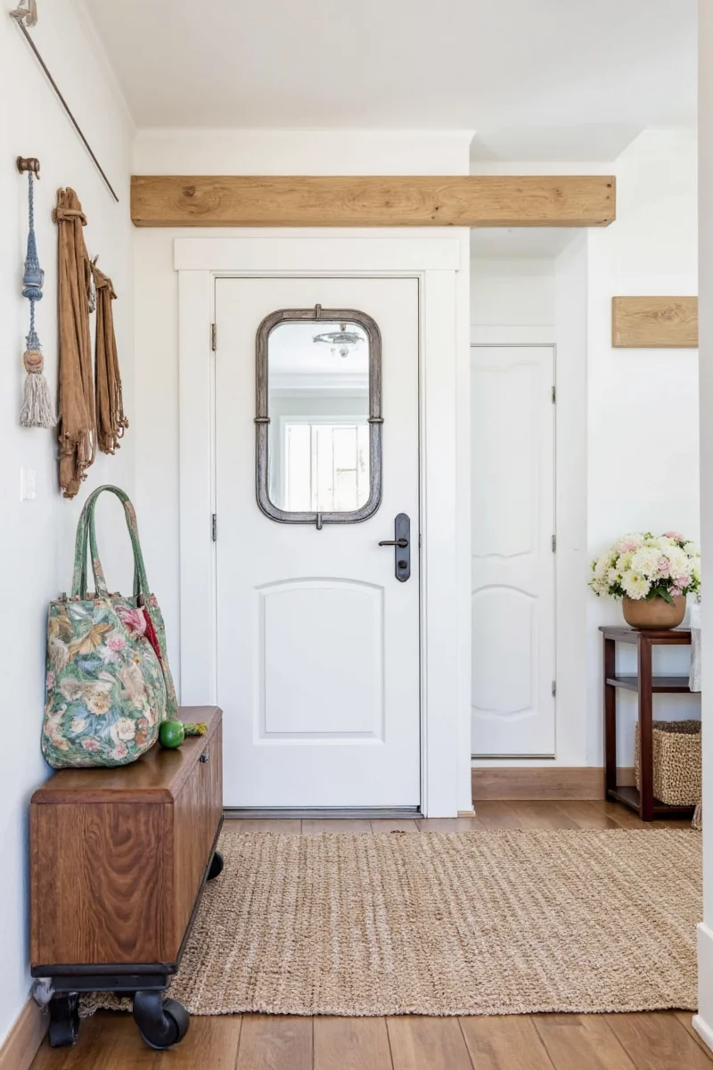 Custom wooden name tags on entryway hooks