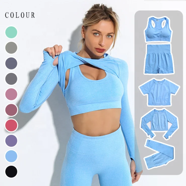 

Seamless Yoga Set Workout Leggings+Bra+T Shirts+Shorts 5Pcs/Set High Waist Sports Fitness Suits For Women, Multi colors