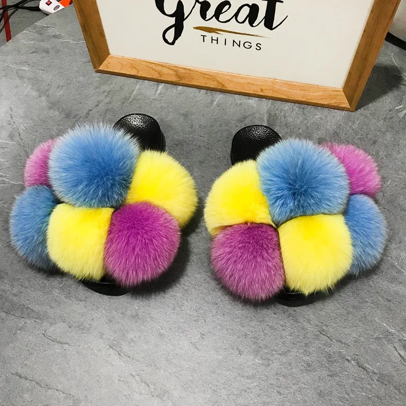 

2021 factory direct women design summer flip-flops eva sole slides fox fur slippers, Customized color