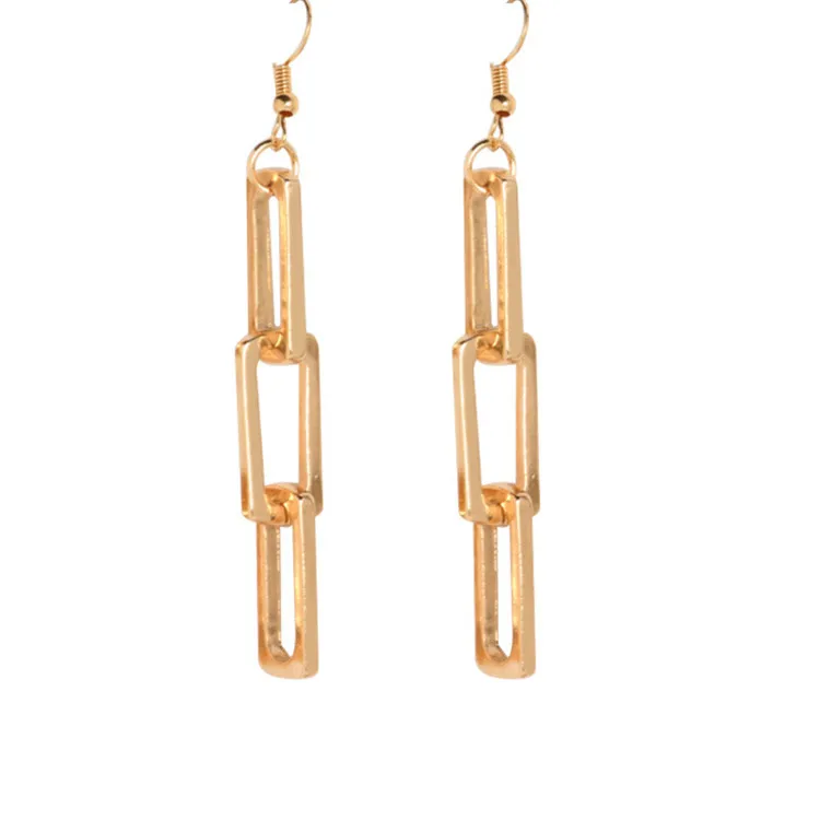 

18K Gold Plated Symmetrical Square Chunky Chain Link Dangling Earrings, As picture