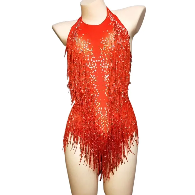 

Fashion Tassel Rhinestones Bodysuits Lady Halter Backless Club Jumpsuits Show Pole Dance Leotard Stage Costume Performance Wear