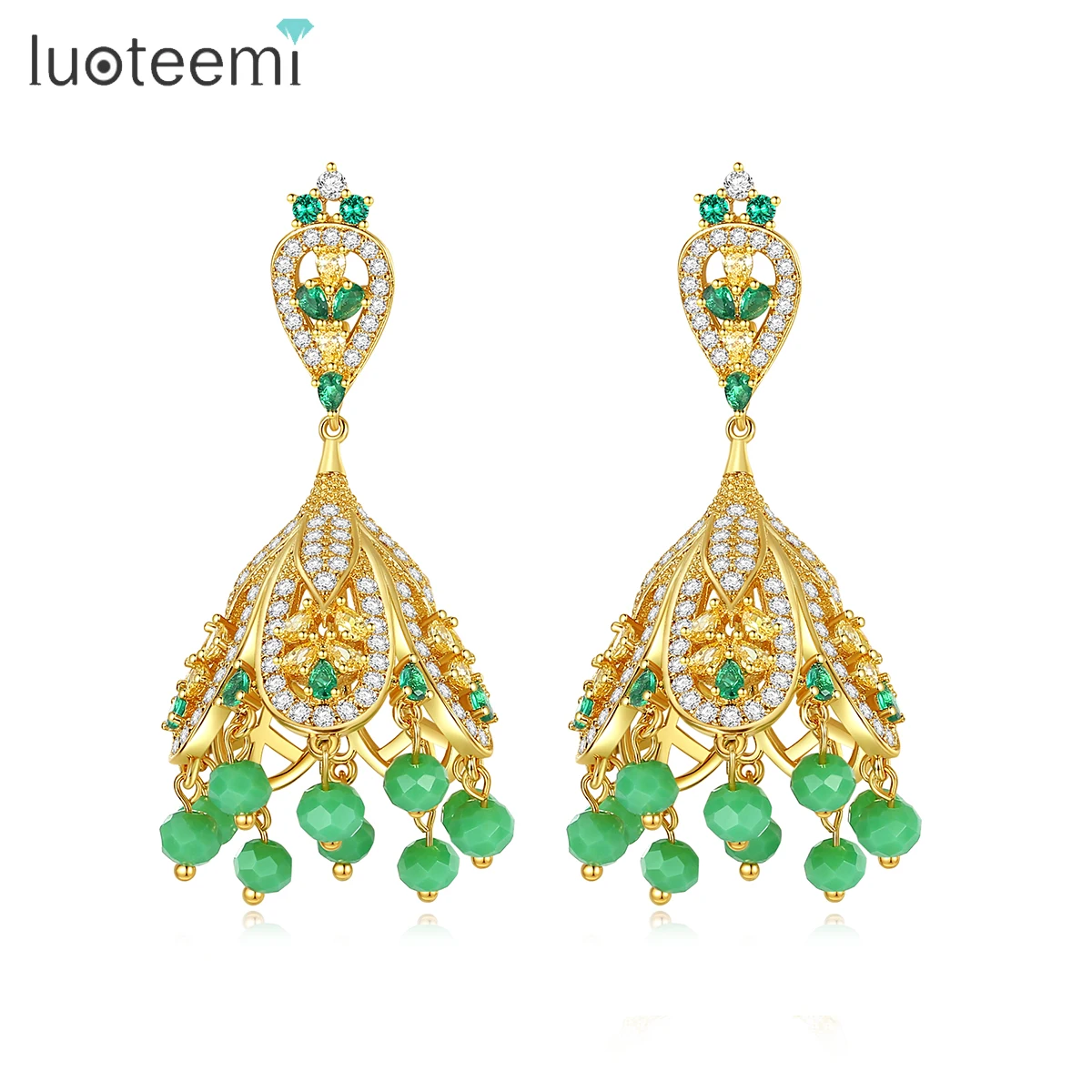 

LUOTEEMI Indian Earrings Jhumka Jewelry Handmade Gold Plated Big Traditional Pave Zircon Crystal Diamond Earring