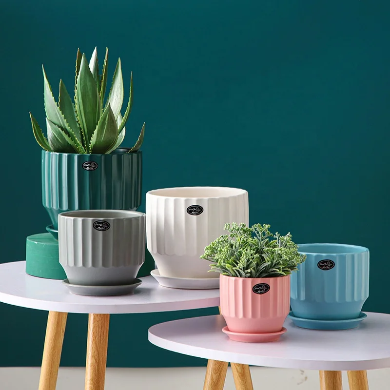 

Nordic ins style ceramic flowerpot with tray creative home decoration simple gardening office potted