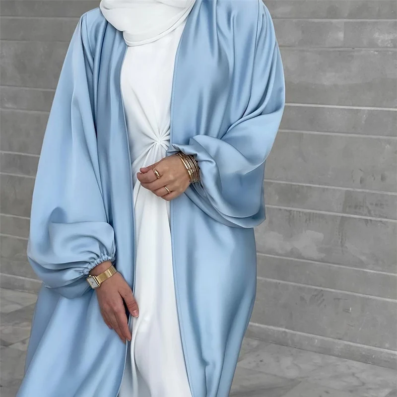

Cardigan Open Satin Abaya Muslim EID Ramadan Modest Fashion Kimono Islamic Clothing Long Puff Sleeve Free Belt With Pocket Abaya, 6 colors