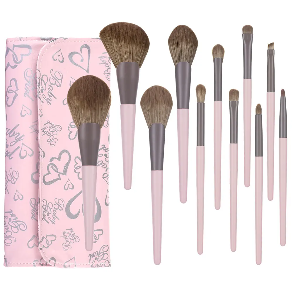 

Low Moq 11Pcs Professional Soft Brush Cosmetic Tools Private Label Foundation Concealer Eyeshadow Makeup Brush Set With Bag, Pink